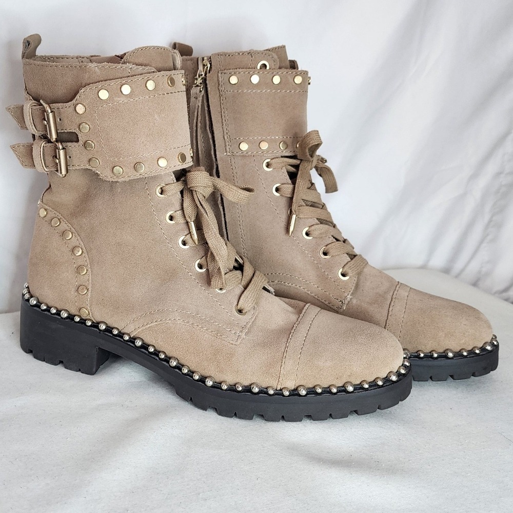Sam Edelman Jennifer Studded Suede Combat Boots Beige Sand Womens 7.5M Lug Sole